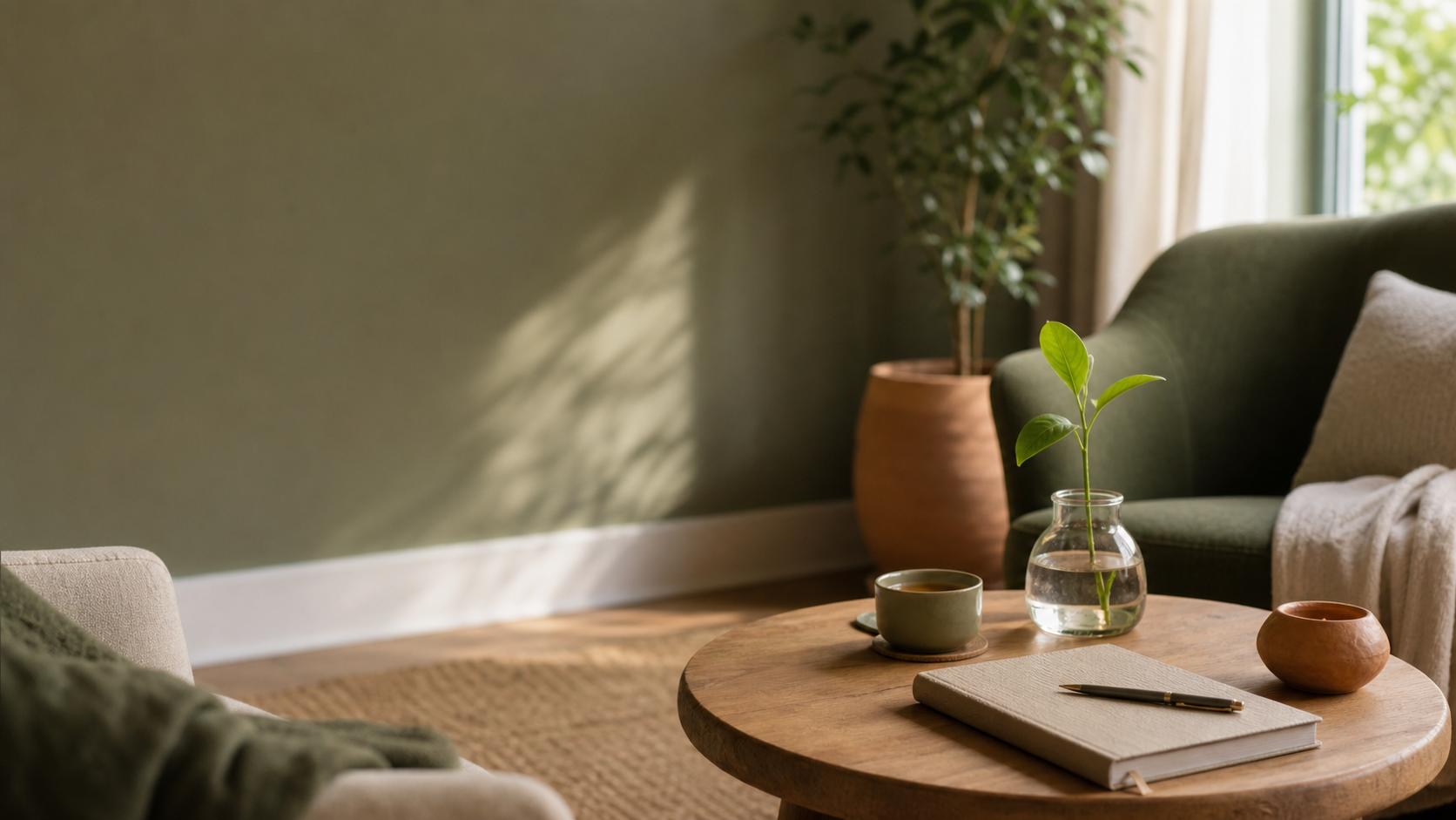 A sunlit armchair beside a small table with a journal, tea, and a young plant — a quiet corner for reflection.